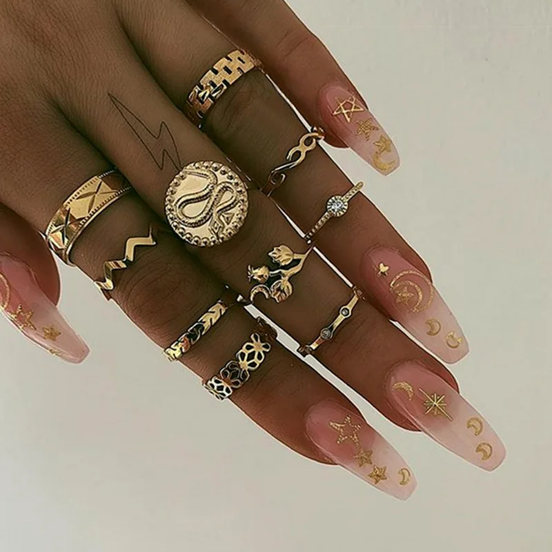 

Vintage 12Pcs/Set Gold Plated Ring Set Bohemia Curb Cuban Rings Creative Hammered Irregular Gold Oil Polished Surface Ring Set, Silver color rings