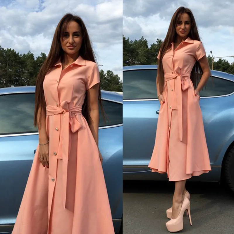 

2021 summer new short sleeve women's skirt tie polo collar business evening casual single breasted maxi elegant women's dress