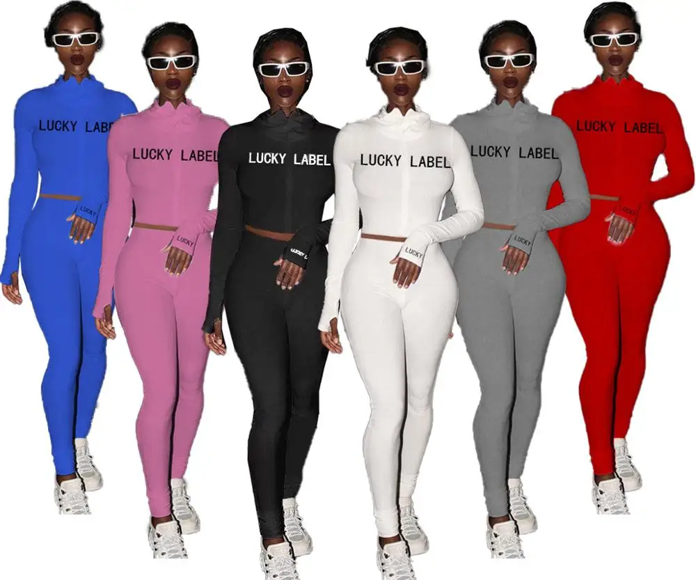 

Two Piece Sets embroidered Letter Luck Label Tracksuit Full Sleeve Outfits Women's GYM 2 Piece Sets 2020 Fall Clothes, Roseo orange