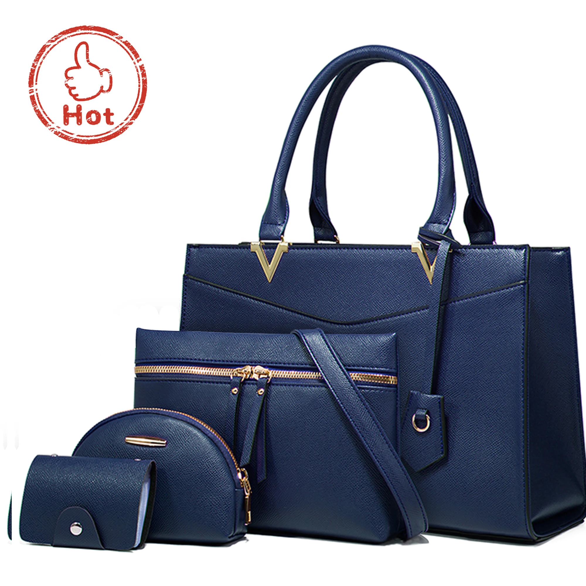 

2021 factory gold supplier colorful dark blue luxury V 4 piece ladies bags handbag set