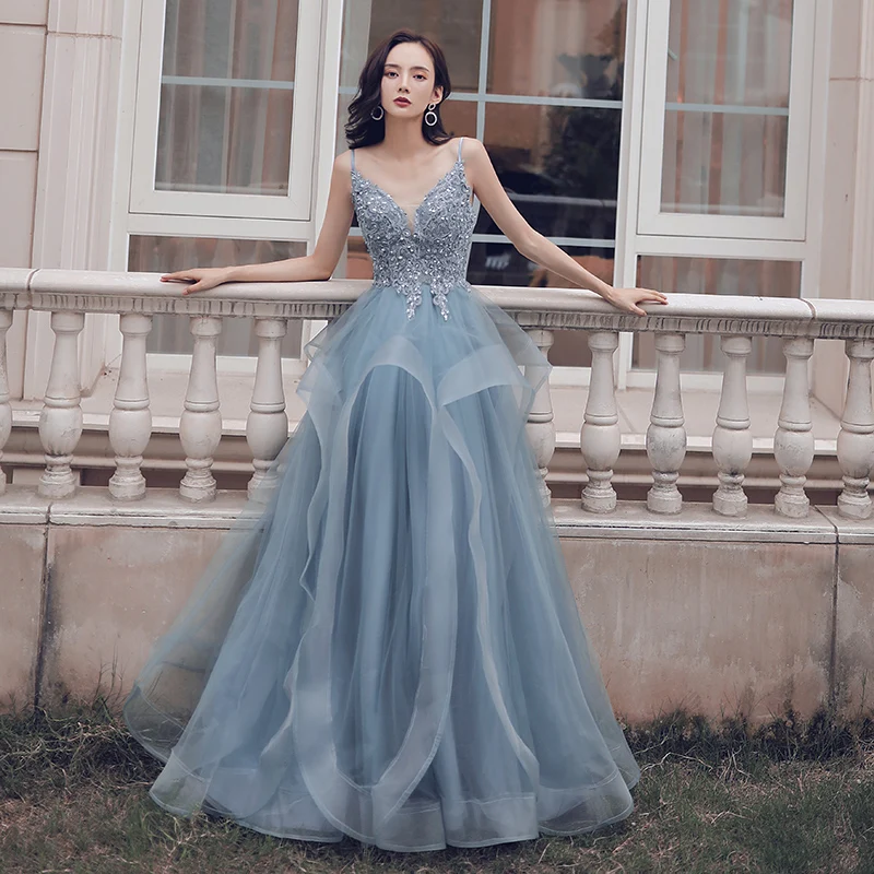 

Fancy Ruffles Evening Dress with Lace Appliques Girls Teal Prom Ball Gown Beautiful Evening Gowns 2019 Latest vestido de noche, As shown