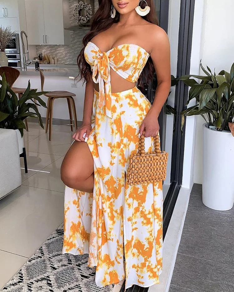 

Front Tie-Bow Tie Dye Crop Top And Maxi Skirt Set, Yellow