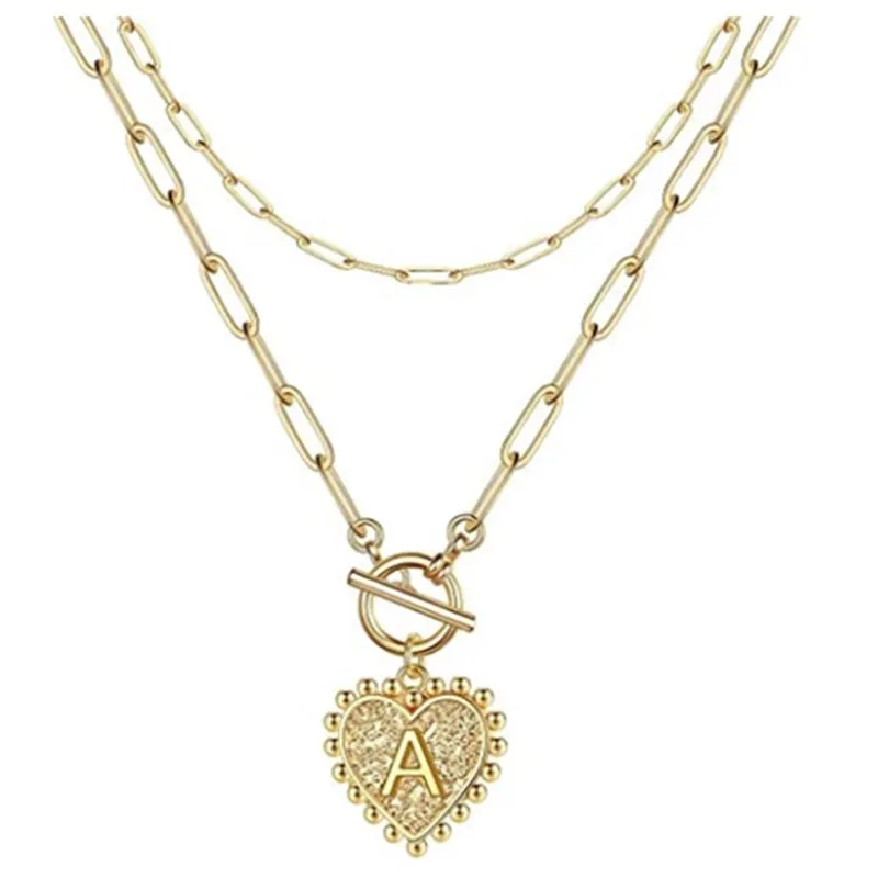 

Paper Clip Double Clavicle Chain Necklace Gold Hot Sale New Love Heart Pendant Necklace 14K Gold Plated Link Chain Necklaces