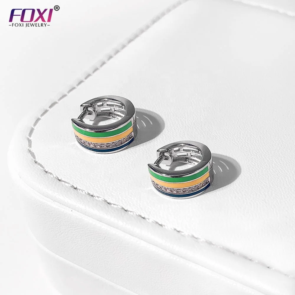 

Hot Selling Fashion Women Jewelry Color Paint Enamel Colorful Round 925 Sterling Silver Huggie Earrings