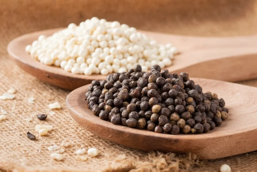 Chef grinding fresh black and white peppercorns into a mortar for cooking