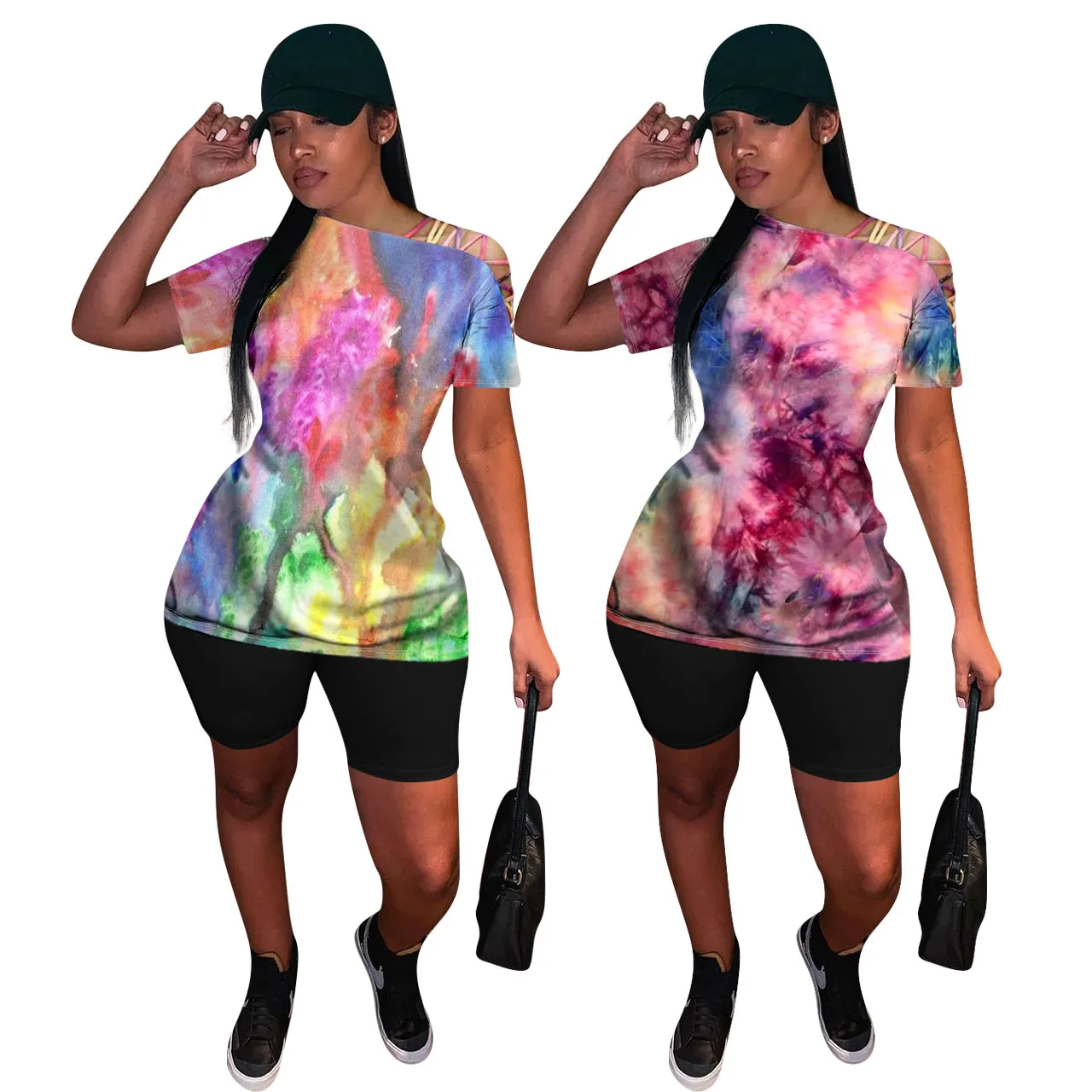 

Amazon's latest summer outfits for women 2021 wholesale tie-dye casual women 2 piece set clothing, 2 colors and also can make as your request