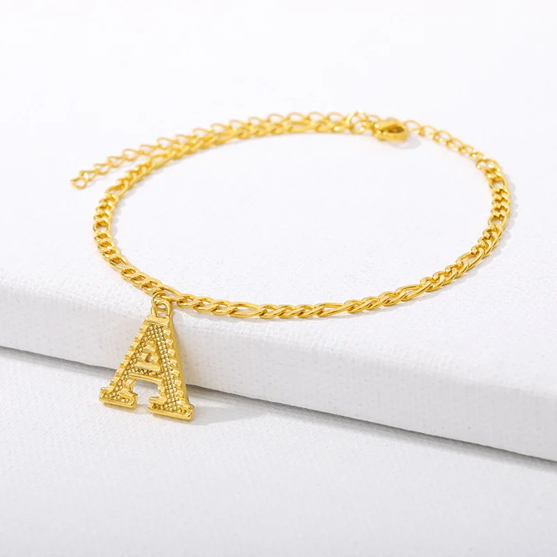 

Wholesale custom 18K Gold Plated Stainless Steel Figaro Chain Cuban Link Letter Ankle Bracelets A-Z 26 Initial Letter Anklets, Gold , customized