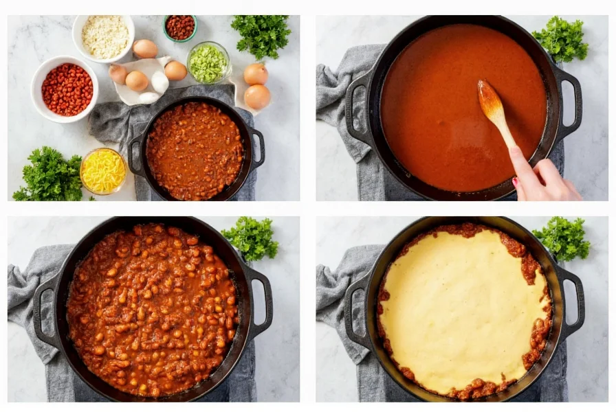 Step-by-step preparation of homemade chili con queso showing cheese melting process in cast iron skillet with fresh ingredients