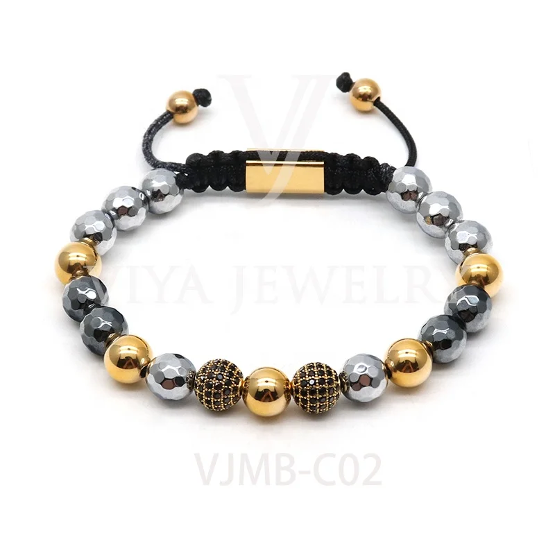 

Tiger Eye & Stainless Steel Ball & Zircon Pave Ball High Grade Natural Stone Macrame Bracelet, Picture