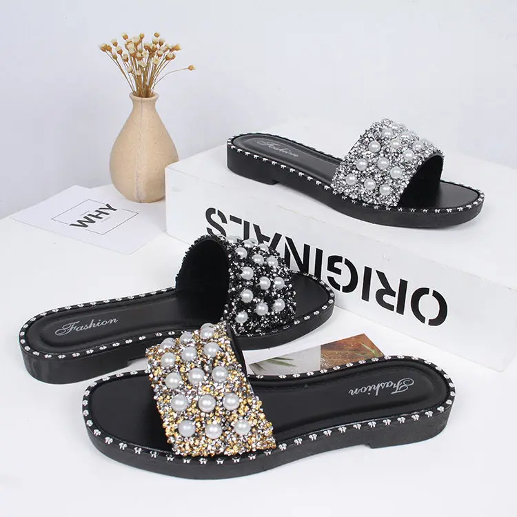 

Soulmate jelly purses New arrival summer rhinestone flat sandals lady casual slides for women slippers pearl slides