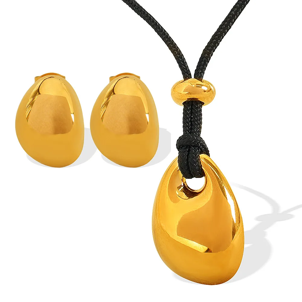 Waterproof 18K Gold Plated Black Wax Rope String Stainless Steel Chunky Drop Shaped Pendant Necklace Earring for Women YF5059