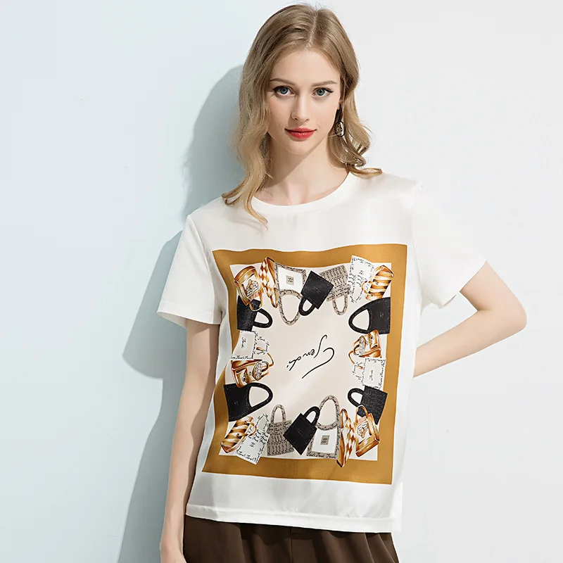 

Hot Breathable Printed Women's Silk T-Shirts Mulberry Silk Women Graphic Tees T-Shirt