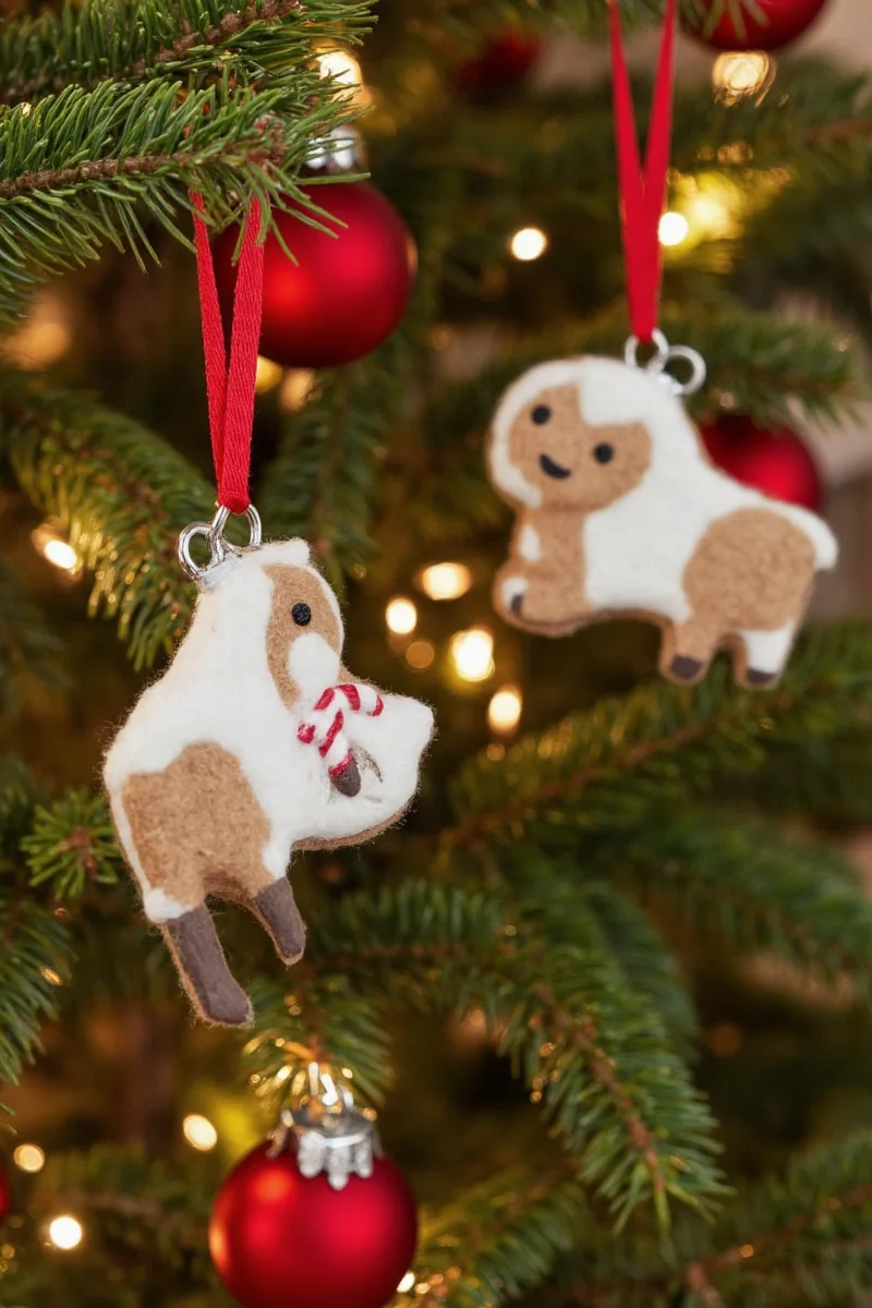 A white Dalmatian-shaped ornament with black spots and a red Santa hat, sewn onto a felt body with a loop for hanging.