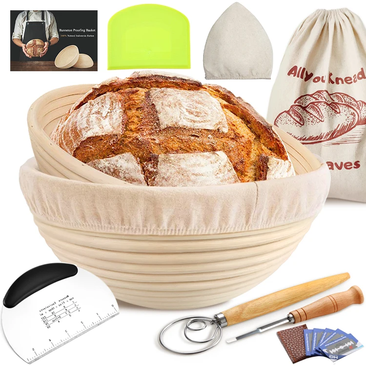 

Bread Proofing Basket Banneton Baking Tools with Dough Scraper,Plastic Scraper,Scoring Bread Lame,Whisk,Bread bag, Natural