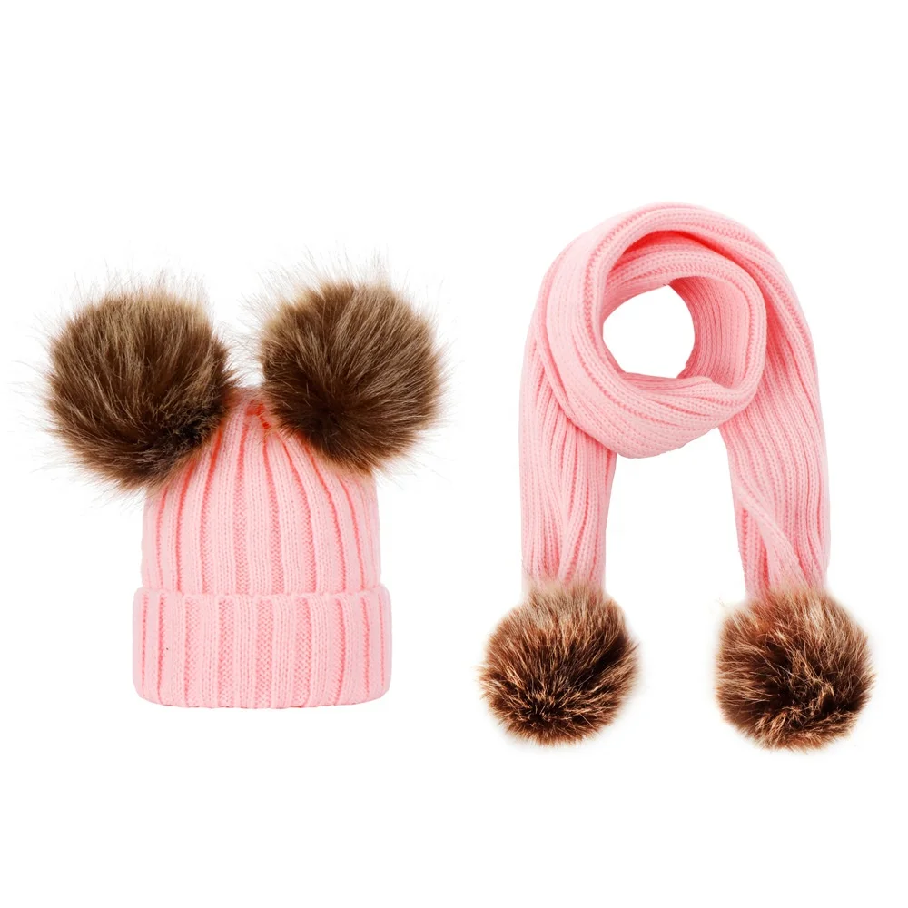 

Fashion Gift Warm Winter Girls Scarf Hat Kids Solid Pom Pom Beanies Baby Scarf & Hat Suit, 5 colors