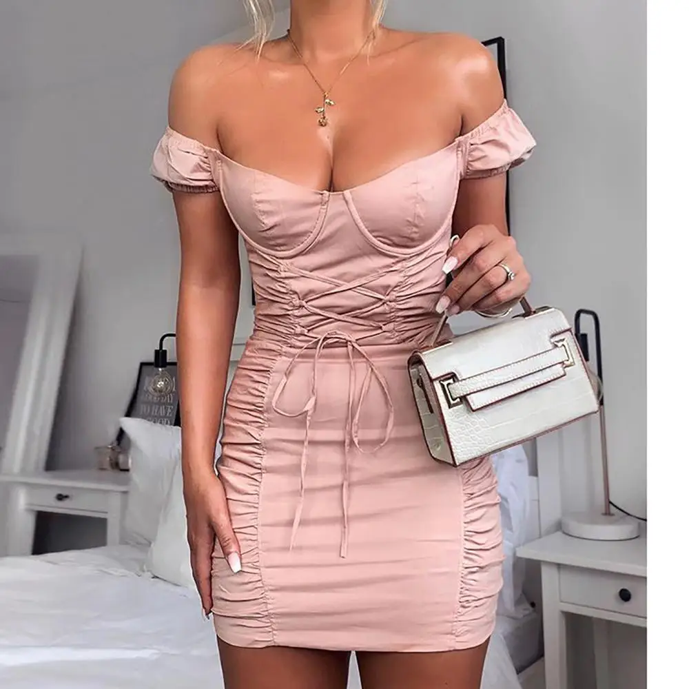 Hot Selling Slash Neck Short Sleeve Womens Bodycon Dress Hot Sexy Ladies Party Dresses