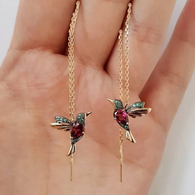 

Cute Red Hummingbird Ear jewelry Women Shiny Blue Bird Earring Wire