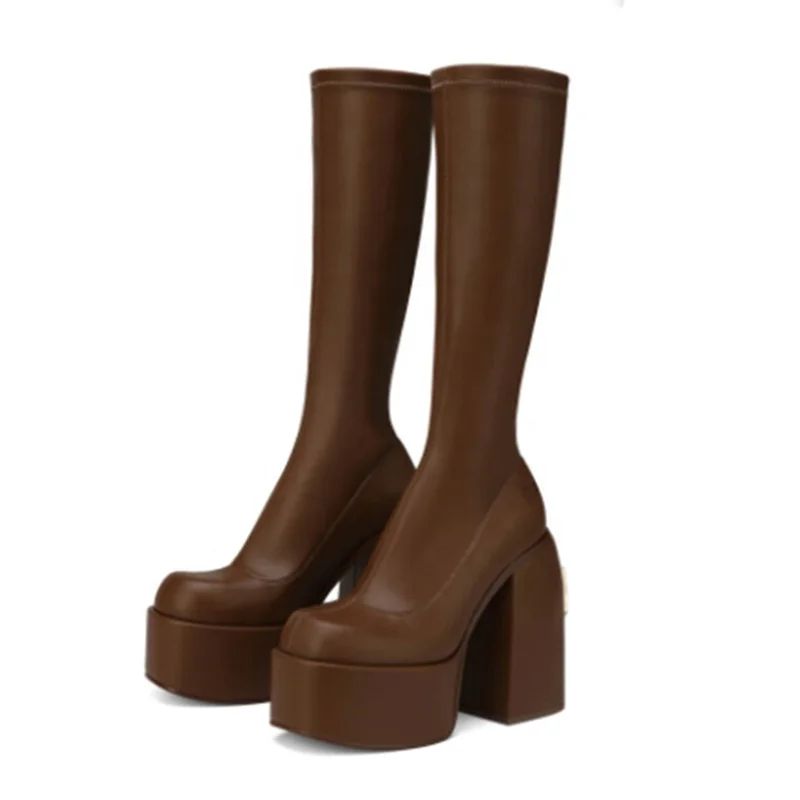 

2022 Autumn Winter Outdoor Shoes Boot Fashion Block Heel Shoes Simple Solid Women's Knee High Boots Short Platform