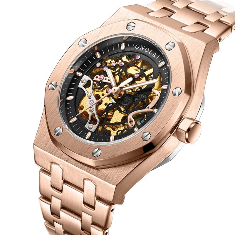 

ONOLA Watch 3811 Skeleton Mechanical Movement Wristwatch Luxury Brand Men Automatic Wrist Watches, Rose gold, silver, black