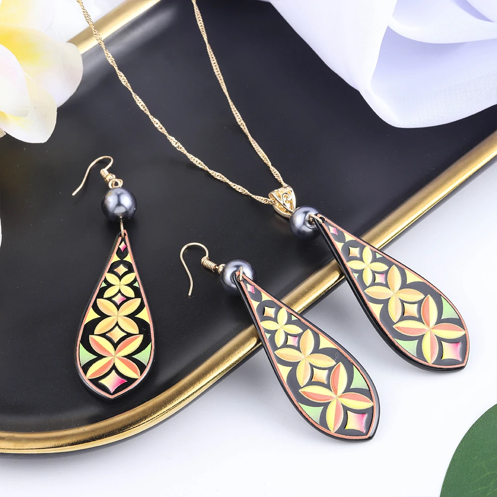 

Cring CoCo Fashion Jewelry Yellow Large Water Drop Necklace Acetate Acrylic Earrings Wholesale Hawaiian Jewelry Set