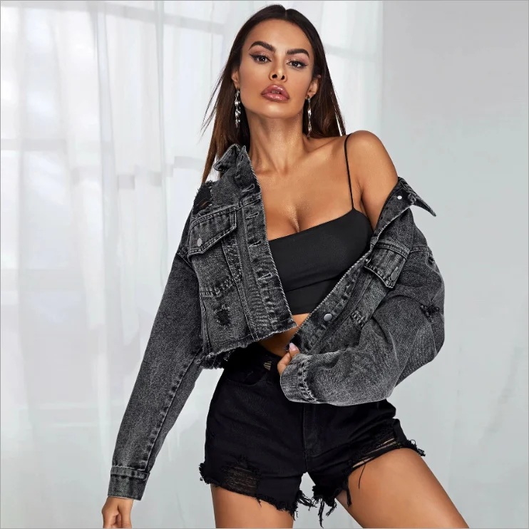 

Autumn Women Black Crop Distressed Denim Jacket, Picture