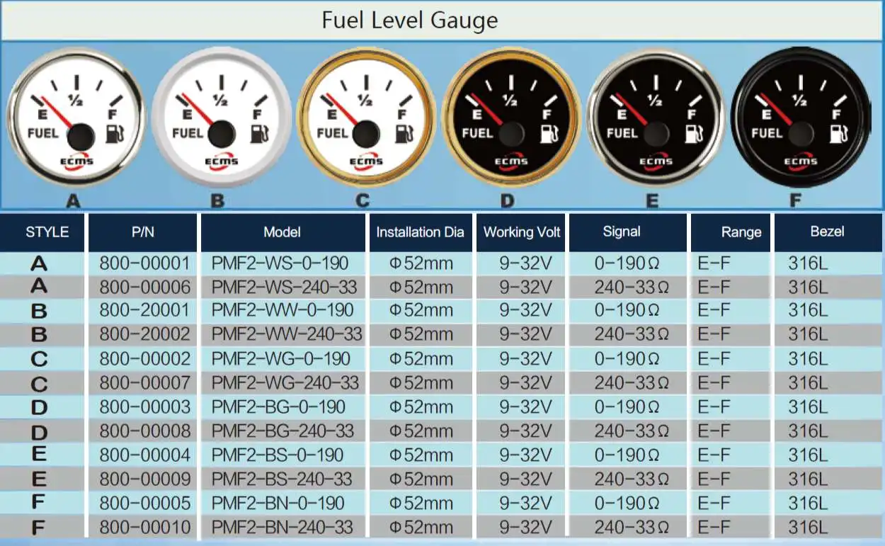 Fuel Tank Level Gauge 240-33ohms 9-32V 52mm 2" 316L Bezel Marine Boat Yacht Auto