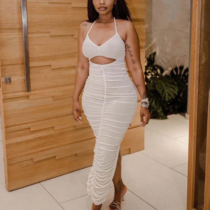 

FS3058D Sexy pleated Dresses for Women hollow Out Ruched Halter Backless Long Dress