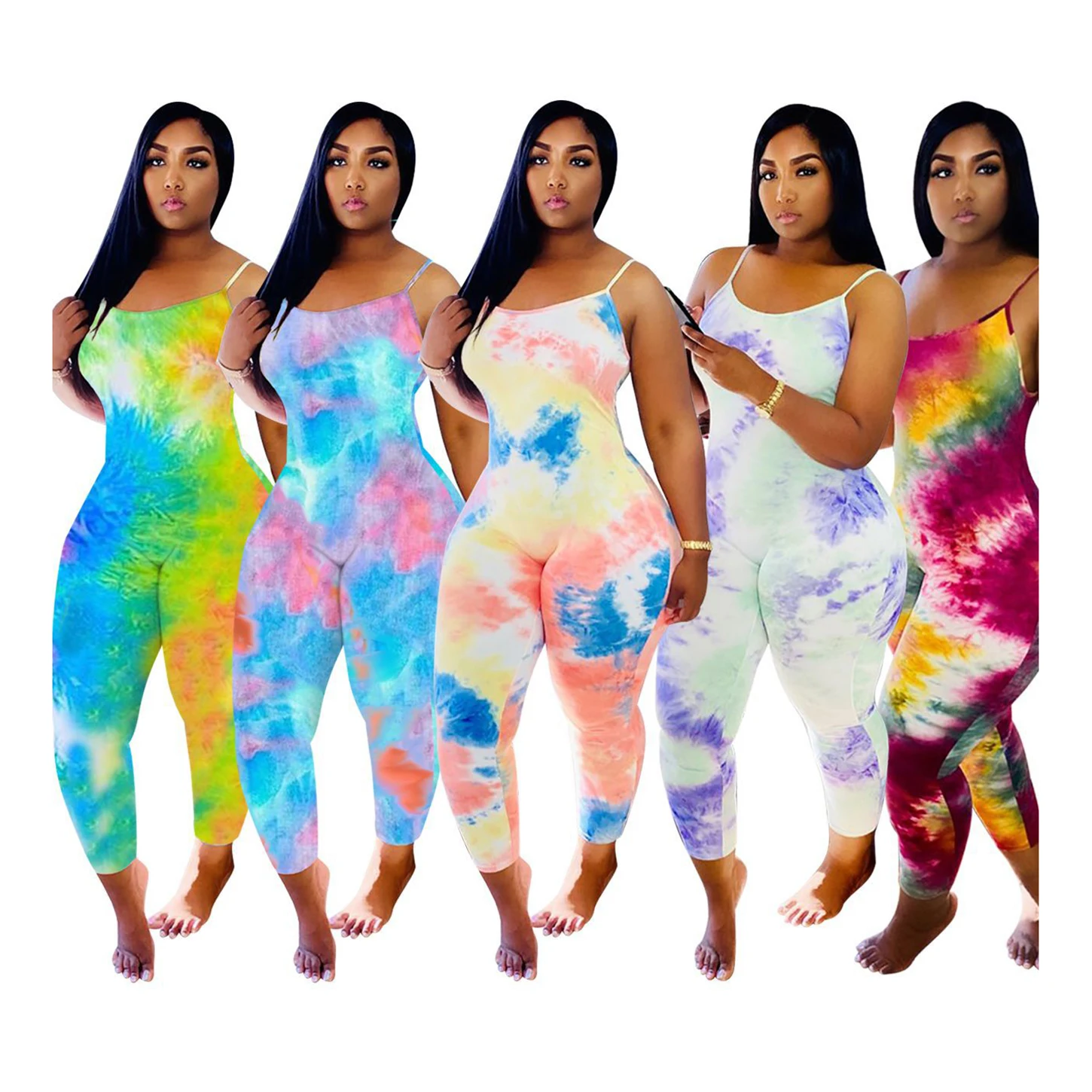 

2021 Casual Sleeveless Suspender Gradient Vest Cotton Jumpsuit Women Tie Dye Romper Jumpsuit Pants, As show