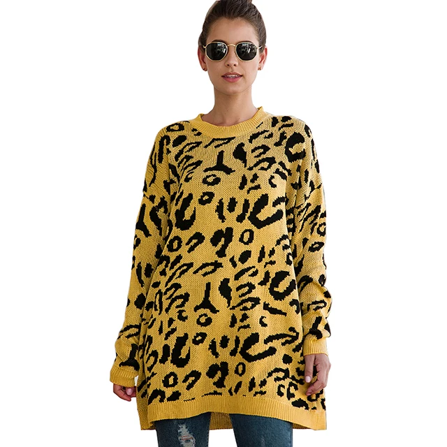 

2021 Casual Leopard Ladies Knitted Jumper Long Sleeve Girl Crew Neck Knitwear Women Autumn Sweater, Customized color