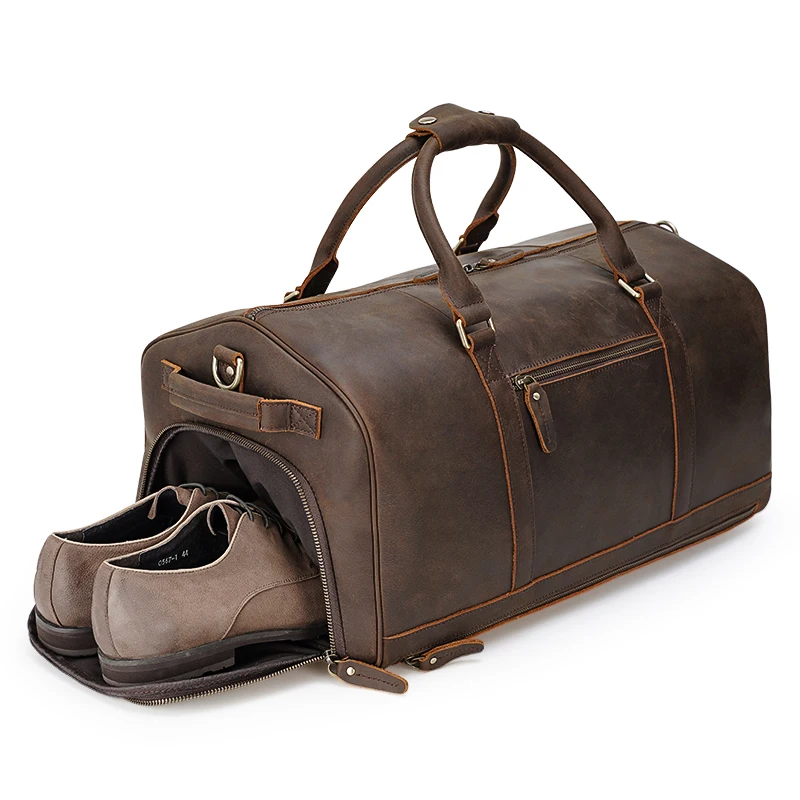 

TIDING Vintage Large Capacity Weekender Overnight Duffel Bag Crazy Horse Leather Travel Duffle Bag With Shoe Compartment