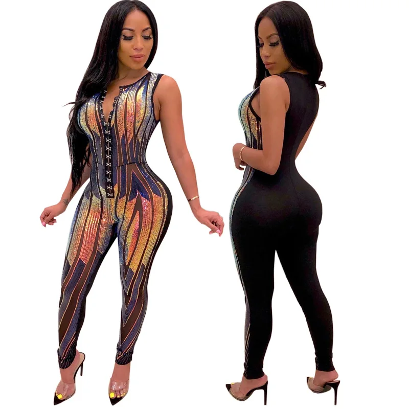 

Fashion Sequin Jumpsuit Sexy Nightclub V-neck Sleeveless Long Legging Jumpsuit Women Buckled Zipper Bodycon One Piece Jumpsuit, Picture