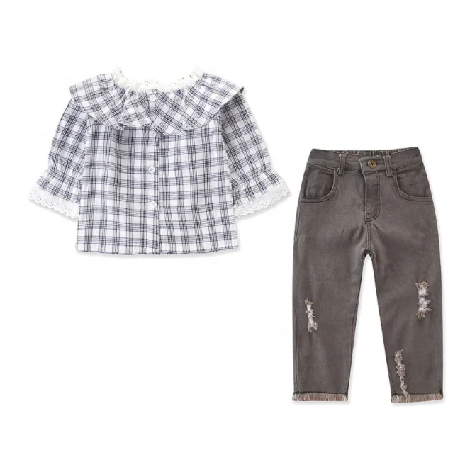 

B23728A Baby Girl autumn fashion new style set cute plaid shirt + jeans 2pcs clothing sets