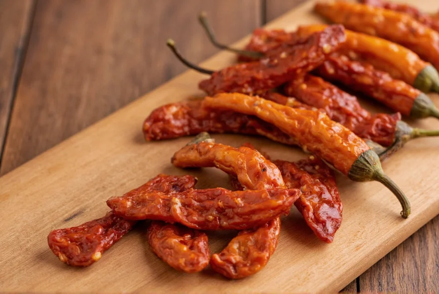 Close-up photograph of dried ancho chile peppers arranged on wooden cutting board with rehydration process shown in background