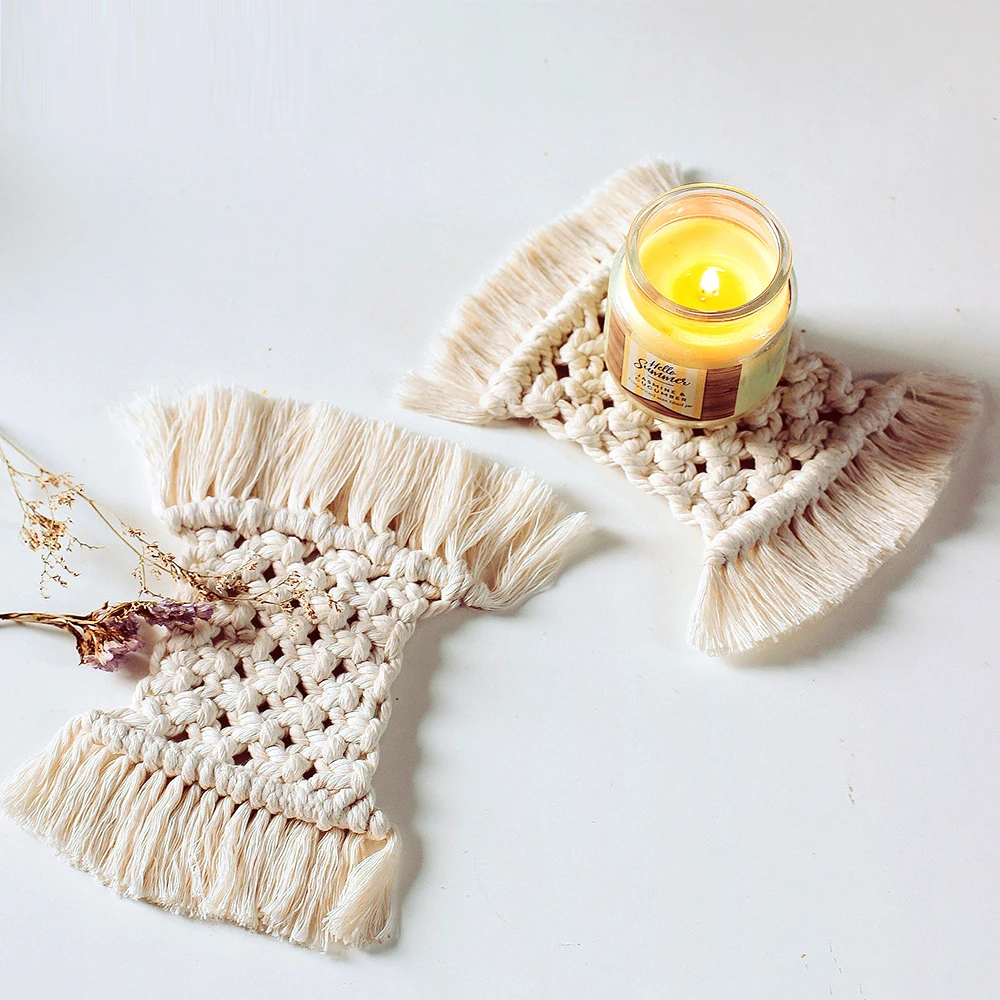 

Hand-woven placemats rope coaster insulation pads with tassels cotton table mats and coasters macrame coaster, Natural