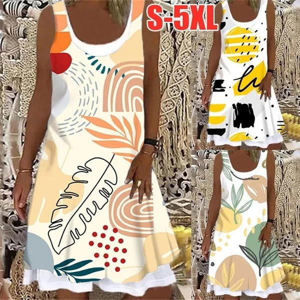 

Women Dresses Plus Size S-5XL Summer Print Elegant False Two-piece Dress Casual Sleeveless Knee-length Round Neck Loos Dress