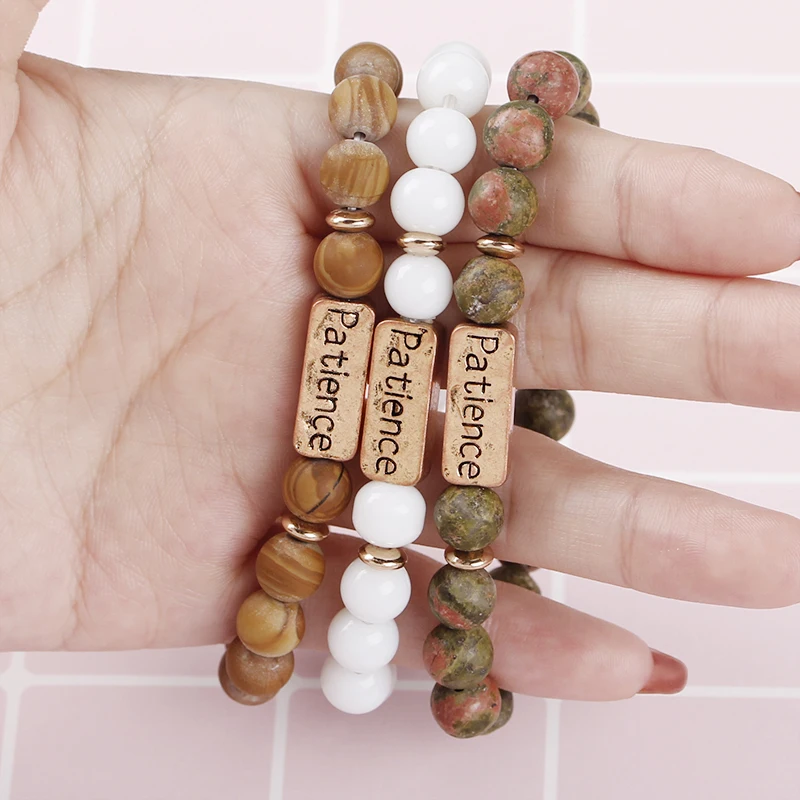 

Fashion Simple Custom Beaded Handmade Stretch Carved Letter Patience Personalized Natural Stone Bracelets