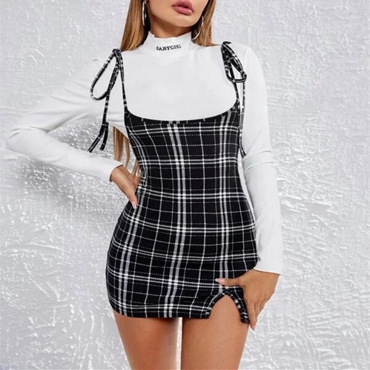 

New arrival sexy tie shoulder overall lady dress plaid women bodycon tank top dress