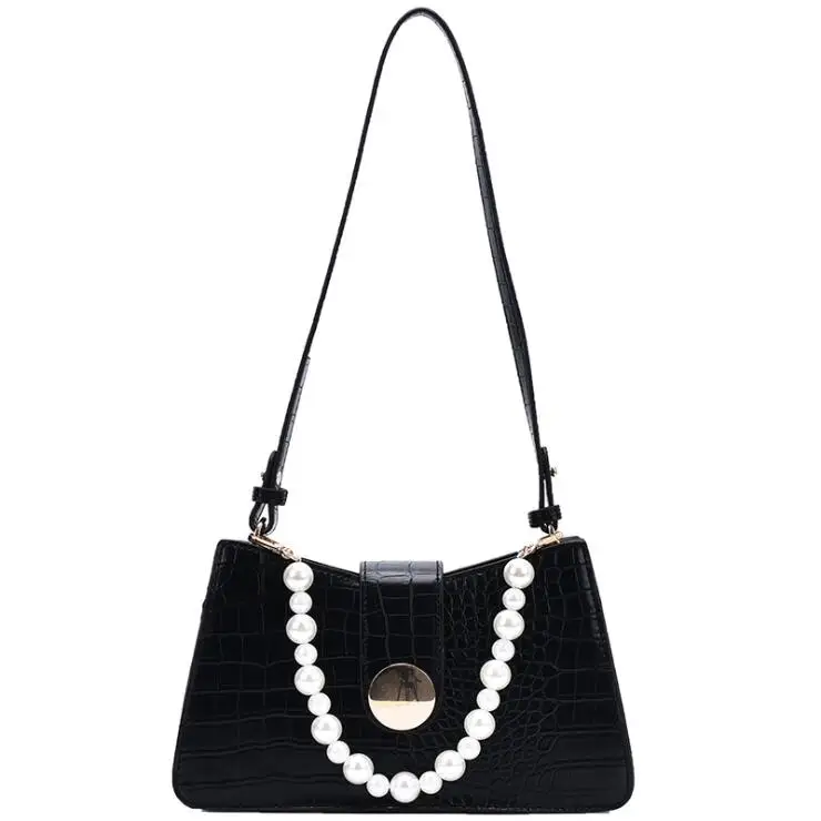 

New Pure Color Alligator Pattern Leather Square Shape Pearl Handle Metal Chain Women Sling Bag Luxury Purse, 4 color