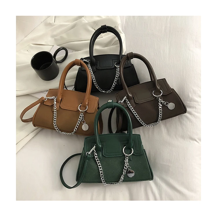 

French Style Textured Scrub Leather Boston Hand Bags Women Vintage Solid Color Shoulder Underarm Bags Female Chain Crossbody Bag