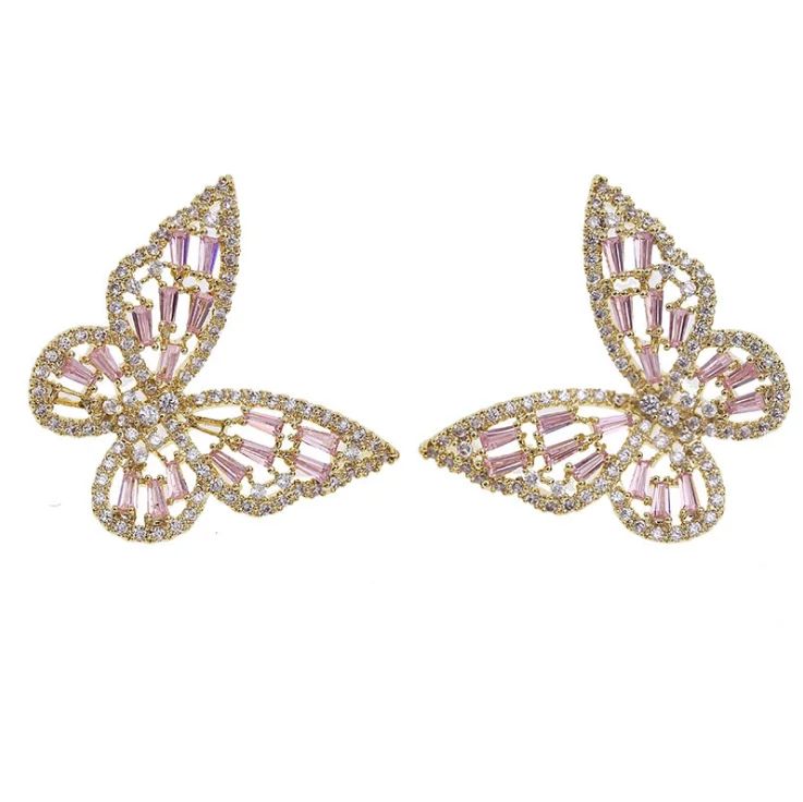 

Hollow-out Zircon Butterfly Ear Stud Female Versatile Individual Earrings Super Fairy 925 Silver Needle Ear Stud, Pink blue white rhinestone color