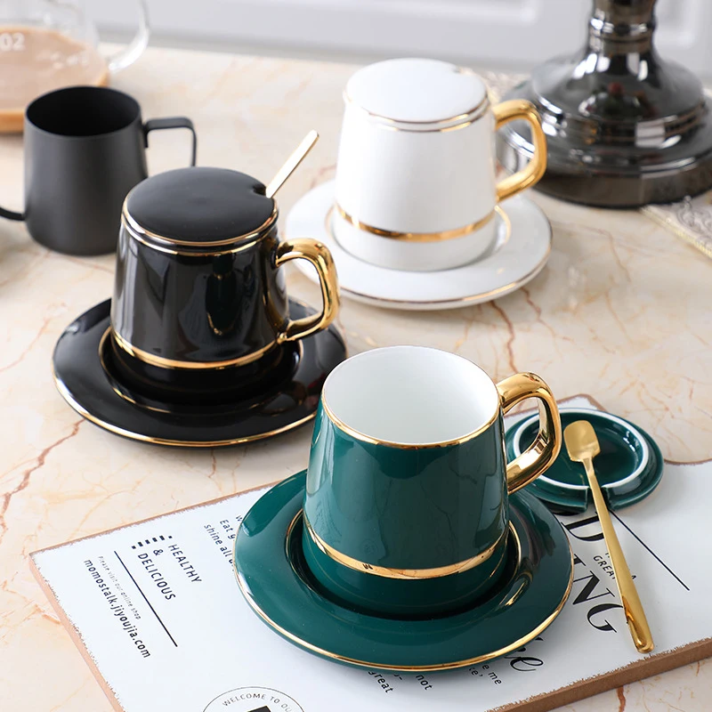 

Coffee cup european style gold luxury bone china tea cup set with lid saucer and spoon