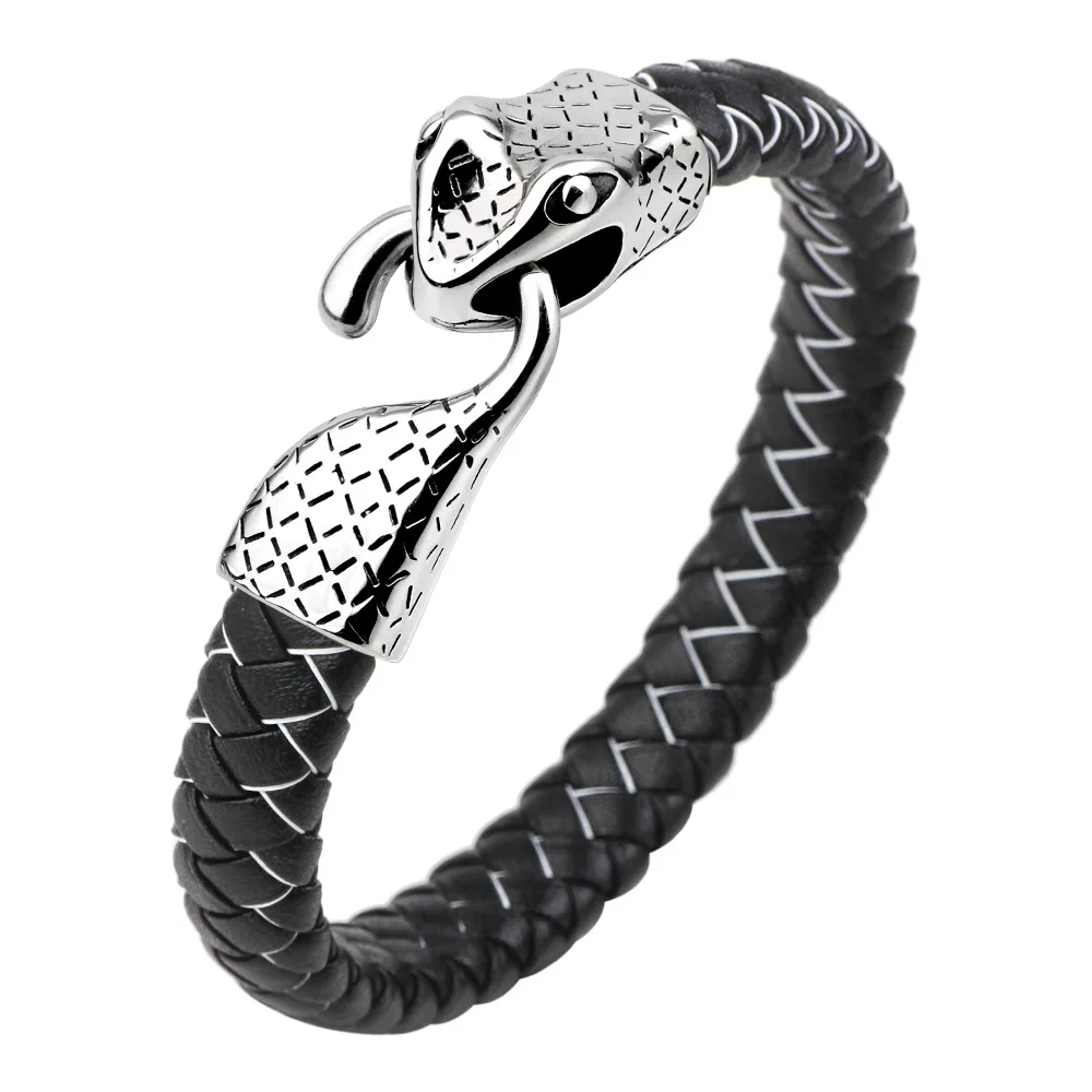 

2021 Cool 1.3cm Width Manly Snake Head Stainless Steel Clasp Cowhide Genuine Leather Braided Wrap Cuff Bracelets Bangle For Men