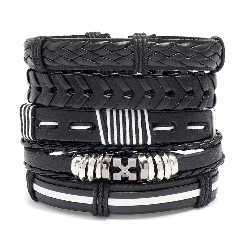 

Hot Selling 5Pcs/set Black Brown Braided Leather Bracelet Jewelry Simple Diy Combination Set Leather Bracelets & Bangle For Men