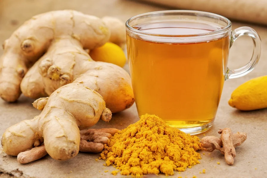 Fresh ginger root and turmeric rhizomes with tea preparation