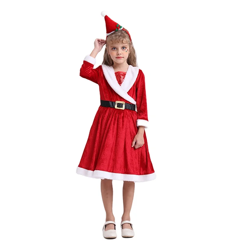 

Wholesale Red Christmas costume children Elf Girls  christmas dress Santa claus dress for girls, As picture