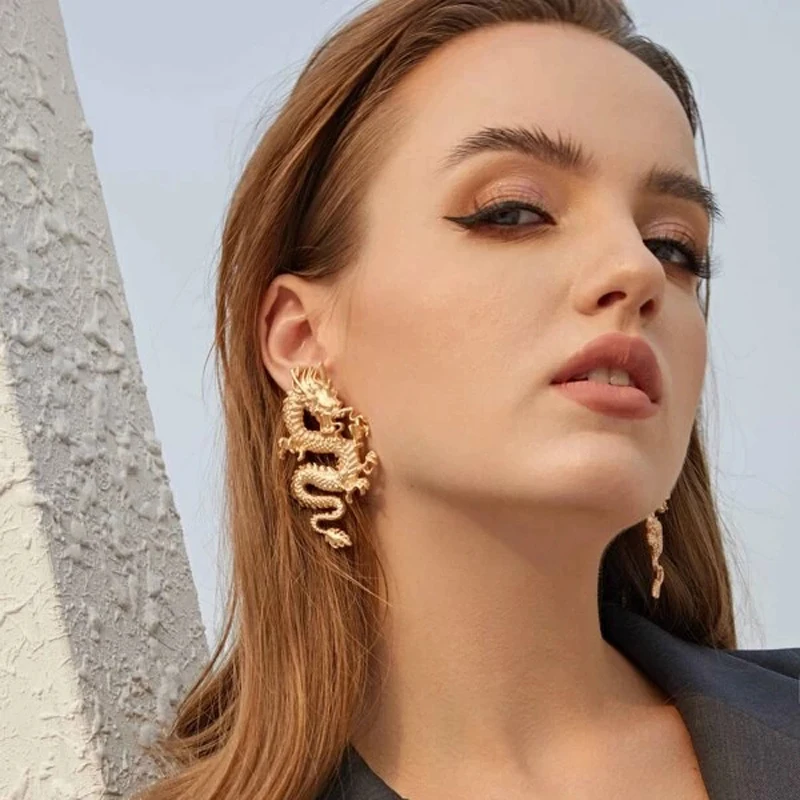 

Punk Gold Dragon Stud Earrings For Women 2020 Unique Chic Metal Dragon Statement Earrings Jewelry