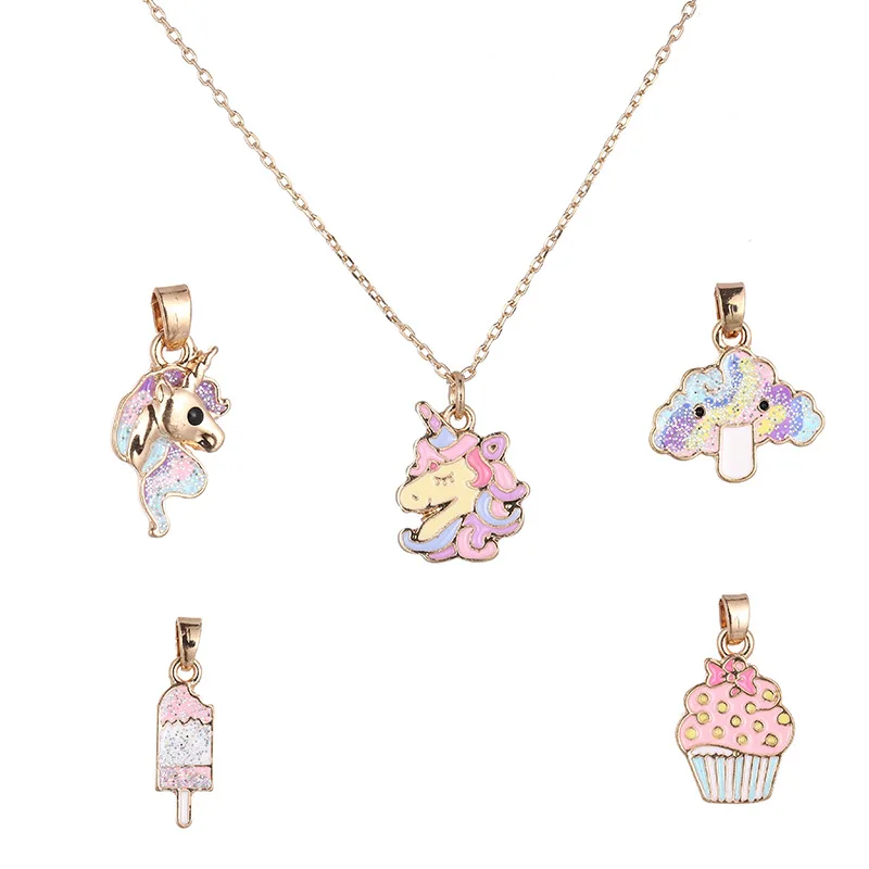 

2019 fashion jewelry necklace novelty cute enamel glitter charm pendant diy unicorn necklace for kids, As picture