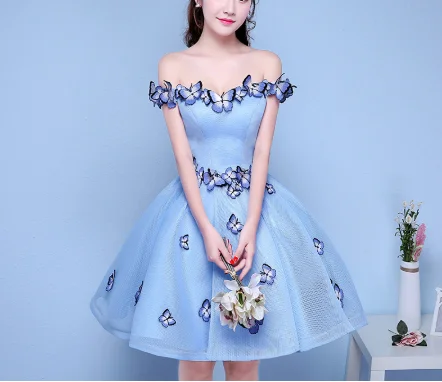 

Sexy Off the Shoulder 3D Butterfly Pleated Ball Gown Party Dresses Light Blue Women Formal night Dress Gowns Vestidos