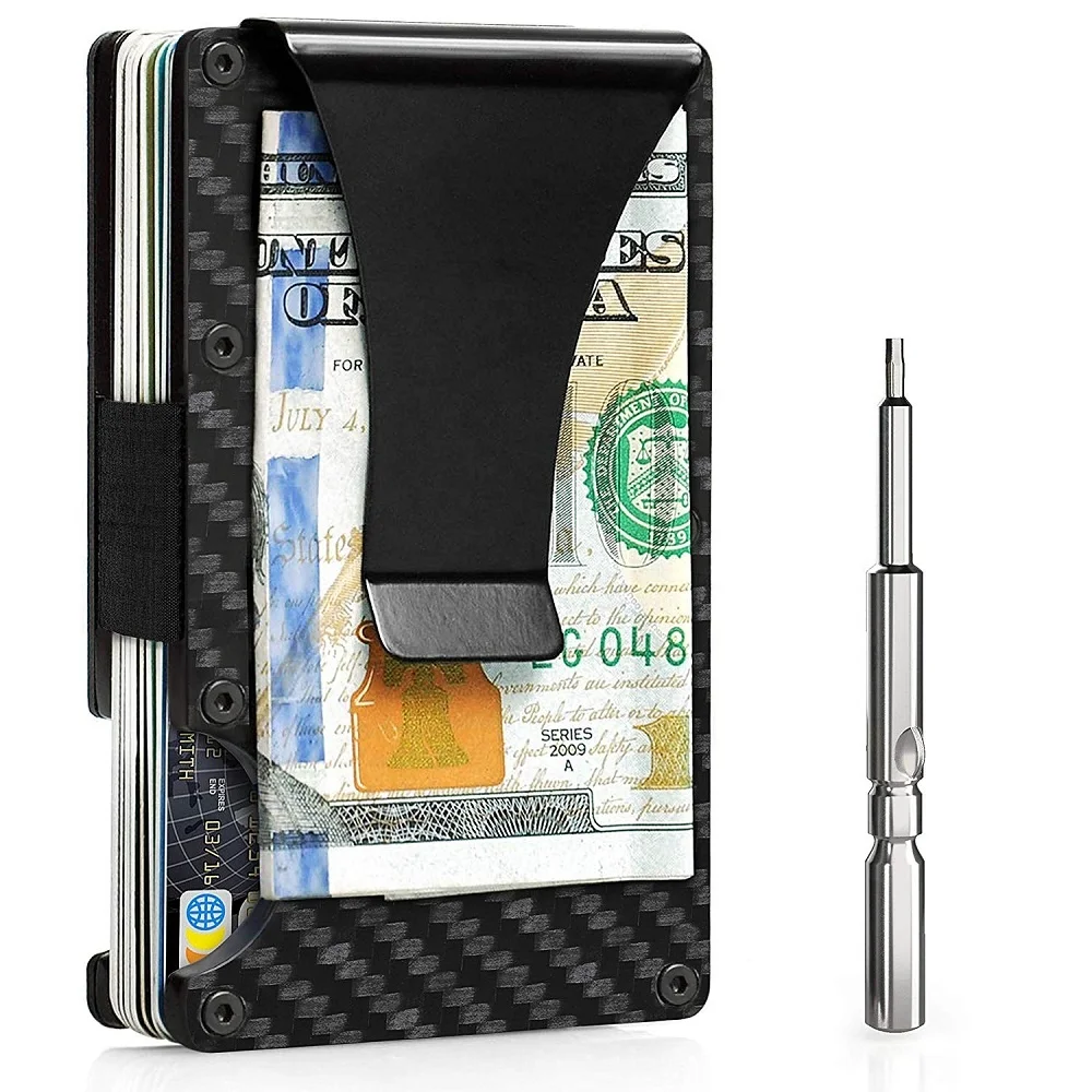 

Minimalist Carbon Fiber Wallet RFID Blocking Card Holder Metal Money Clip Wallet with Screwdriver Tool, Black,gold,rose gold,silver,blue