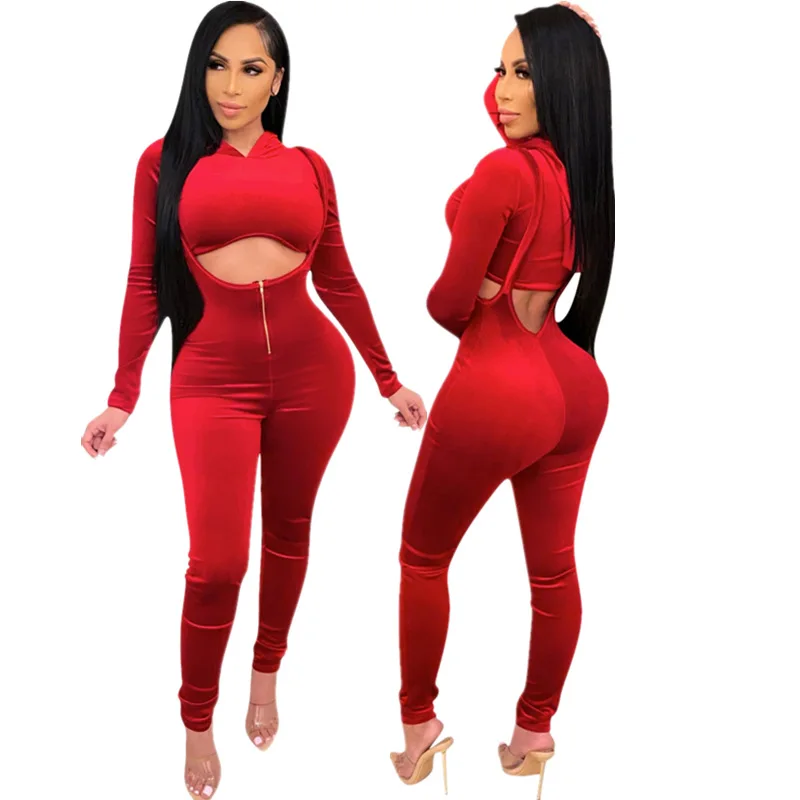 

Fall Long Sleeve Red 2 Piece Set In Women Solid Color Velvet 2 Piece Zip Up Hollow Out Wholesale Clothing Sexy 2 Piece Sets